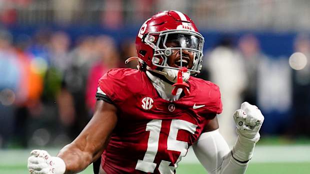 Alabama Crimson Tide linebacker Dallas Turner (15) celebrates after a sack in the second quarter against the Georgia Bulldogs in the SEC Championship at Mercedes-Benz Stadium.